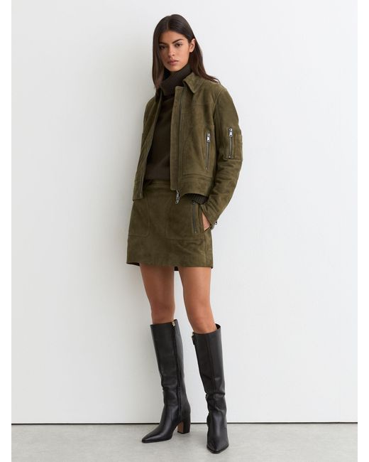 Reiss Multicolor Tate - Khaki Green Suede Zip-pocket Mini Skirt, Us 12