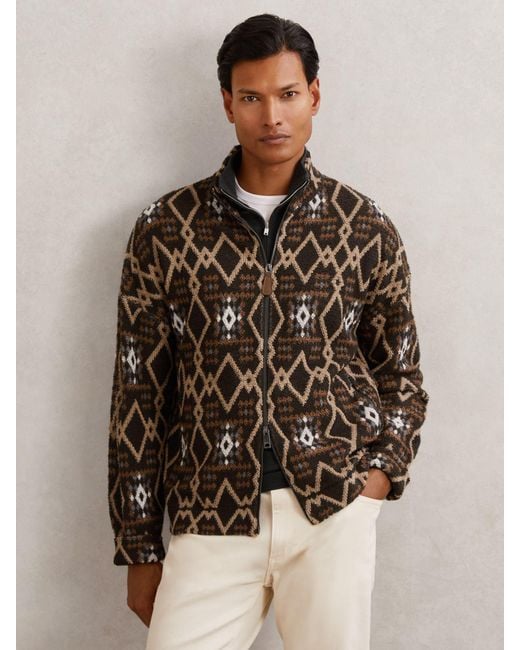 Reiss Brown Geometric Fair Isle Zip-Through Jumper With Wool for men