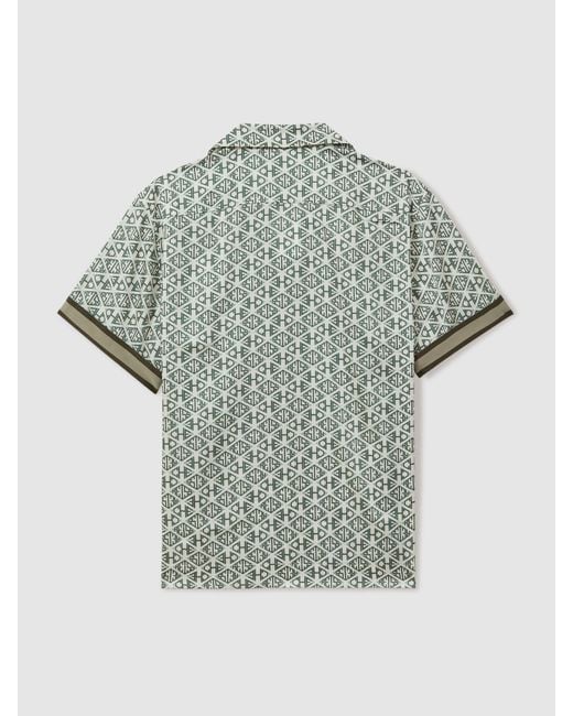 Reiss Gray Idra - Ivory/sage | Ché Monogram Print Cuff Detail Cuban Collar Shirt, L for men