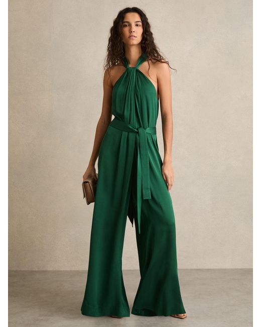 Reiss Green Satin Wide-Leg Draped Jumpsuit