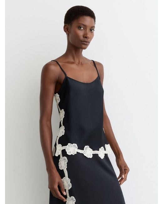 Reiss White Doa - Navy Satin Floral-lace Trim Cami Top, Us 0