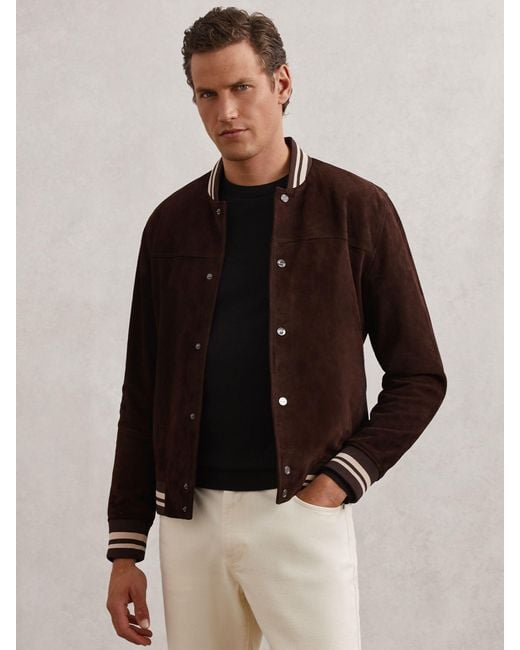 Reiss Black Suede Stripe-Trim Bomber Jacket for men