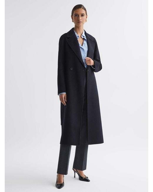 Reiss Blue Lucia - Navy Relaxed Double Breasted Wool Blindseam Coat