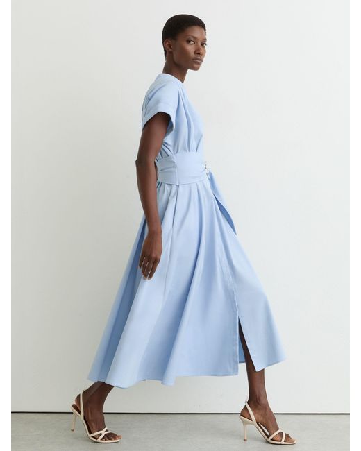 Reiss Blue Cotton Short-Sleeve Belted Midi Dress With Stretch