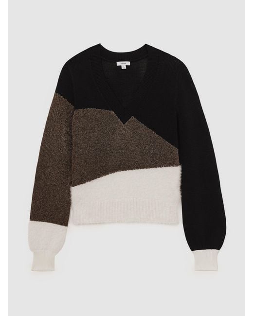 Reiss Black Metallic Metallic-Knit Panelled V-Neck Jumper
