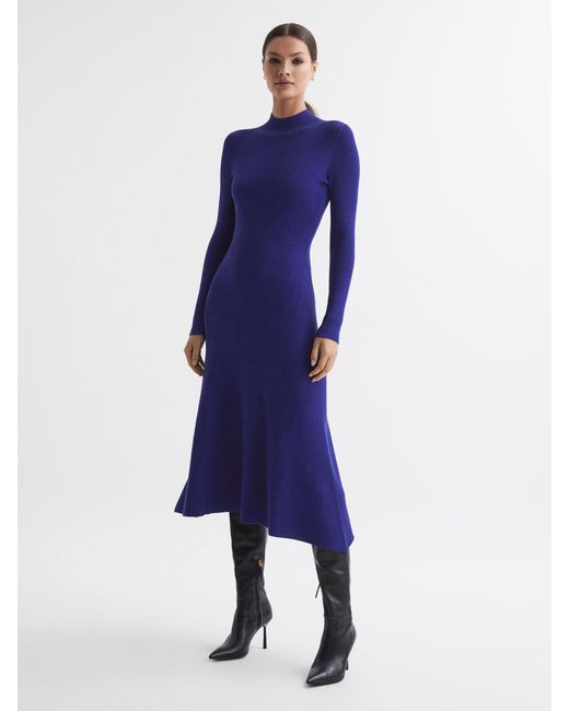 reiss blue bodycon dress Reiss Women's Blue Chrissy Knitted Bodycon Midi Dress, Dark