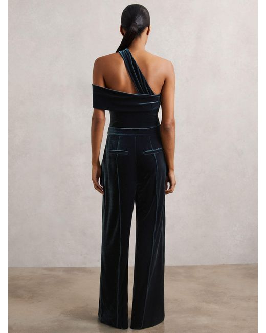 Reiss White Daria - Teal Green Velvet One-shoulder Wide-leg Jumpsuit, Us 14