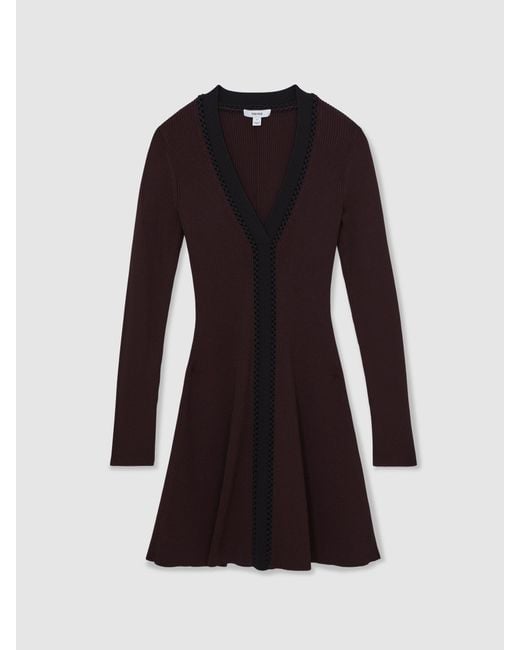 Reiss Black Burgundy & Craft-Stitch Rib-Knit Mini Dress
