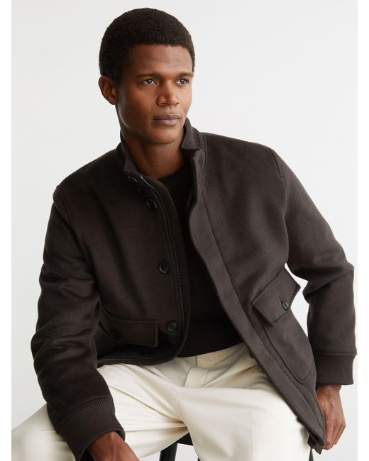 Reiss Black Hadley - Chocolate Brown Wool-blend Funnel-neck Bomber Jacket, Xs for men