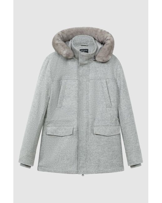 ATELIER Gray Wool Blend Removable Faux Fur Hooded Coat for men