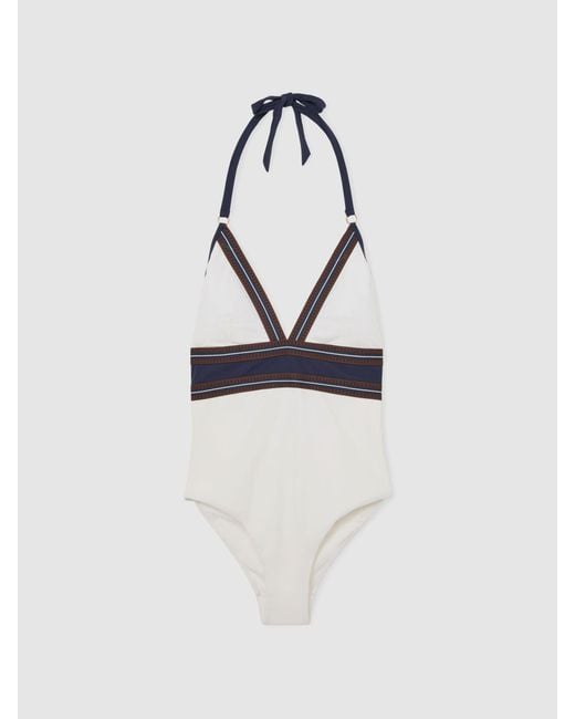 Reiss White Giana - Ivory/navy Colour-block Halterneck Swimsuit, Us 2