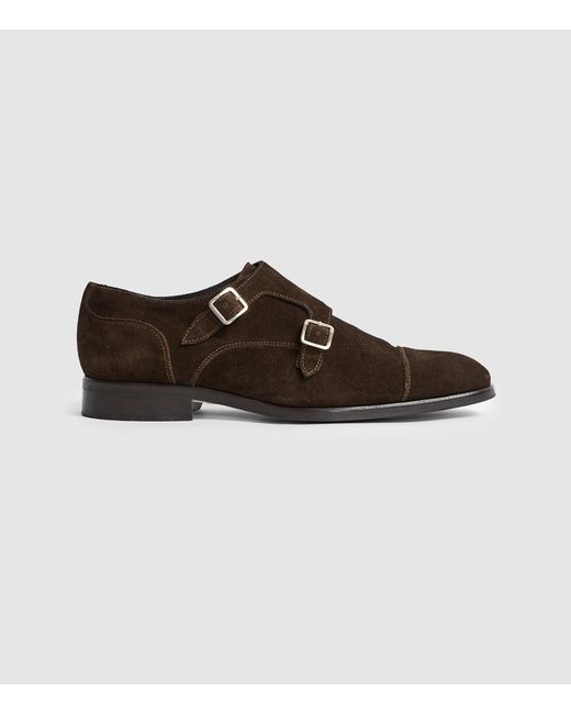 Reiss Brown Rivington - Suede Monk Strap Shoes for men