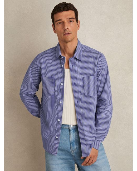 Reiss Blue Cotton-Poplin Stripe Twin-Pocket Shirt for men