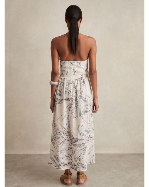 Reiss Natural Petite Linen Palm Print Halterneck Midi Dress