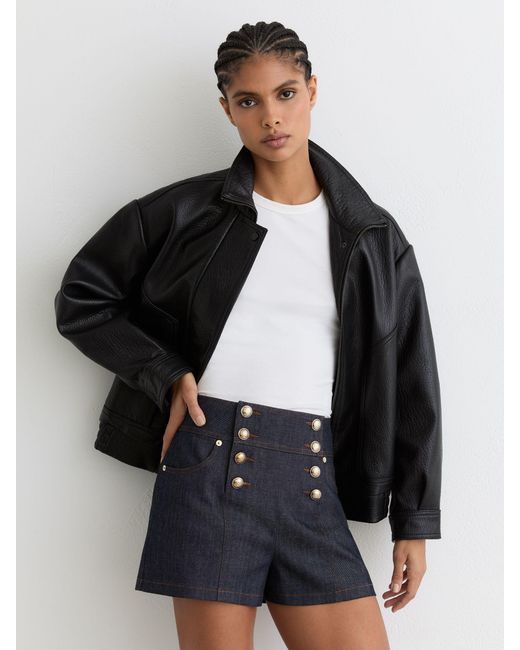 Reiss Black Button-Detail Denim Shorts