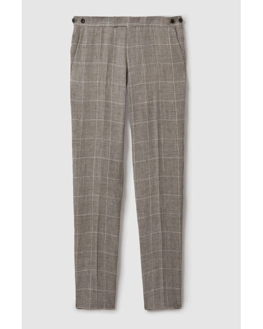 Reiss Gray Burgess - Light Taupe Linen Side Adjuster Check Trousers for men