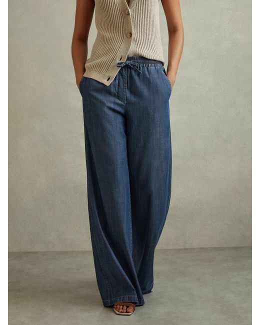 Reiss Blue Carter Mid Petite Denim Look Wide Leg Trousers