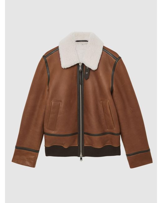 Reiss Brown Leather Shearling-Collar Jacket for men