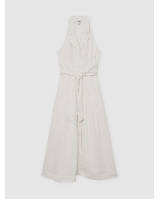 Reiss White Sleeveless Tie-Front Midi Dress With Linen