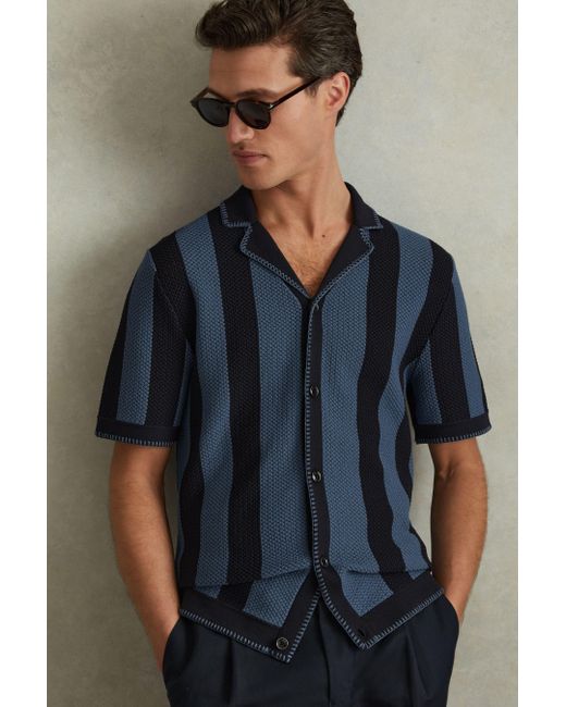 Reiss Naxos - Navy/blue Knitted Cuban Collar Shirt for men