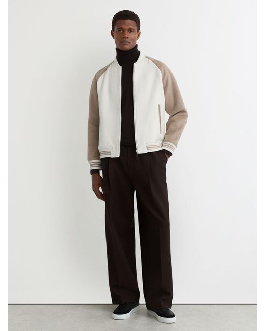 Reiss Natural Off & Oatmeal Wool-Blend Colour-Block Bomber Jacket for men