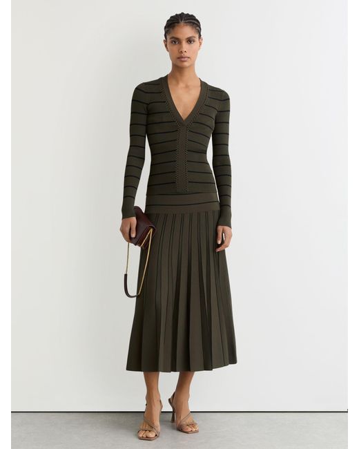 Reiss Gray Khaki & Stripe Craft-Stitch Rib-Knit Top