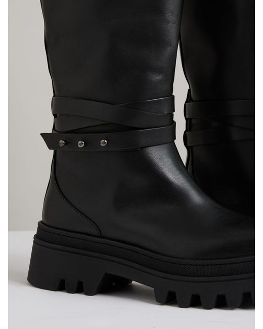 Reiss Albany - Black Leather Chunky Flat Knee-high Boots, Us 8 (uk 6)