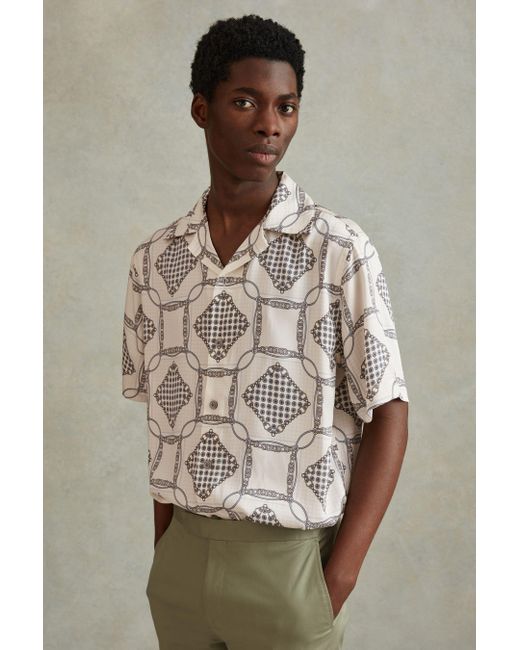 Reiss Natural Lumia - Silver Relaxed Chain Print Cuban Collar Shirt for men