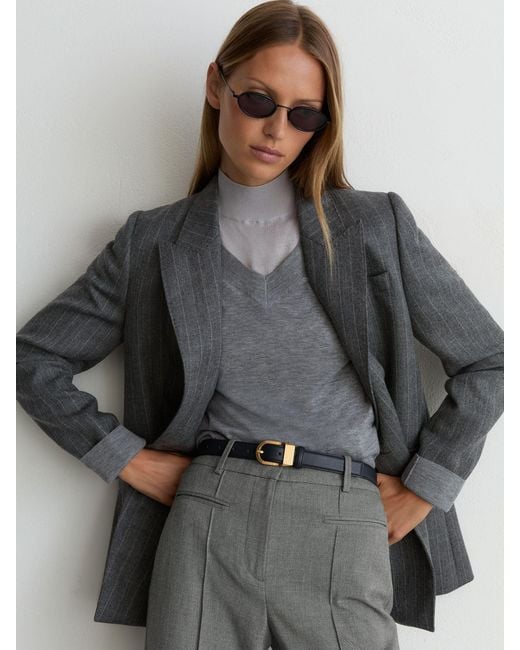 Reiss Gray Woven Pintuck-Detail Flared Trousers