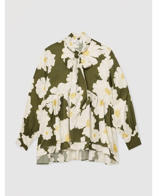 Reiss Natural Floral Tie-Neck Swing Blouse
