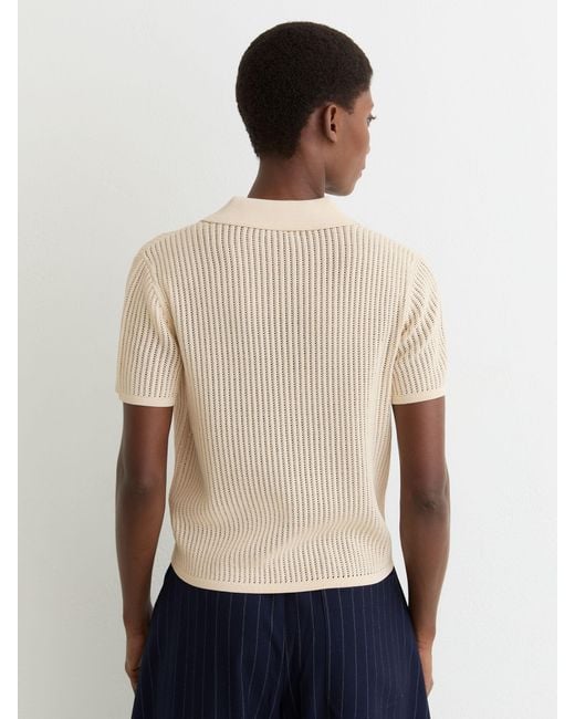 Reiss Blue Pippa - Ivory Open-stitch Knitted Polo Top, M (us 8-10)