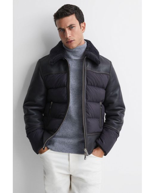 Reiss Gray Bodmin - Grey Leather Quilted Shearling Coat for men