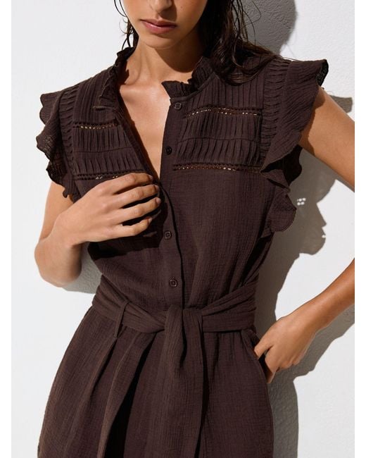 Reiss Brown Cotton Cheesecloth Ruffle-Detail Playsuit