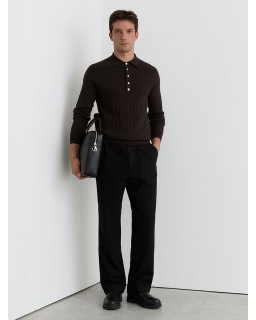 Reiss Black Wide-Ribbed Half-Button Polo Jumper for men
