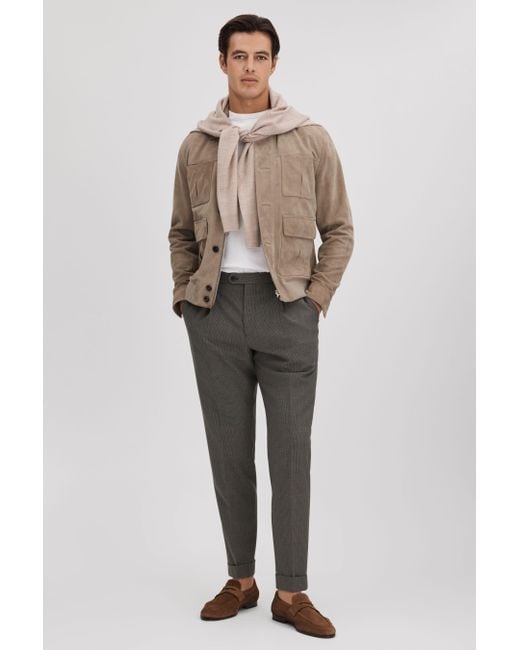 Reiss Gray Rumble - Brown Slim Fit Wool Blend Puppytooth Trousers for men