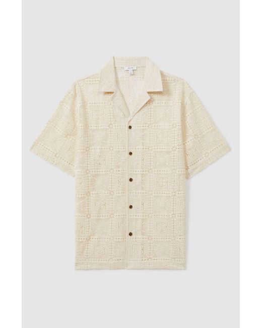 Reiss Natural Pallas - Ecru Crochet Cuban-collar Shirt, Xs for men