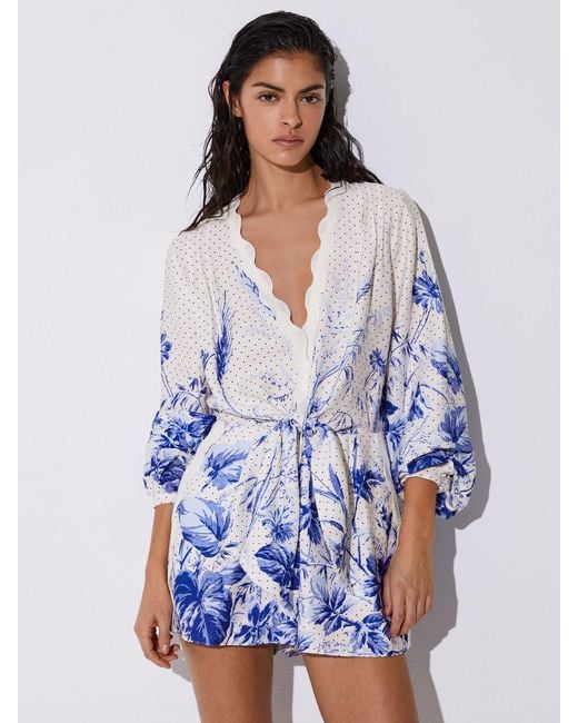 Reiss White Bonnie - Blue/ivory Scarf-print Beach Cover-up Playsuit, Us 10
