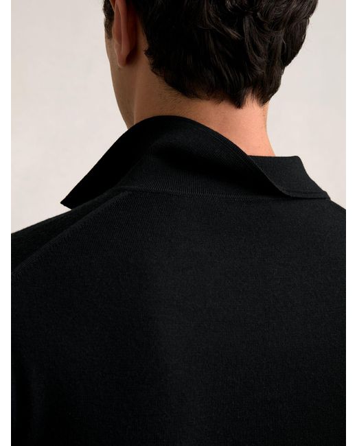 Reiss Black Merino Wool Open Collar Polo Shirt for men