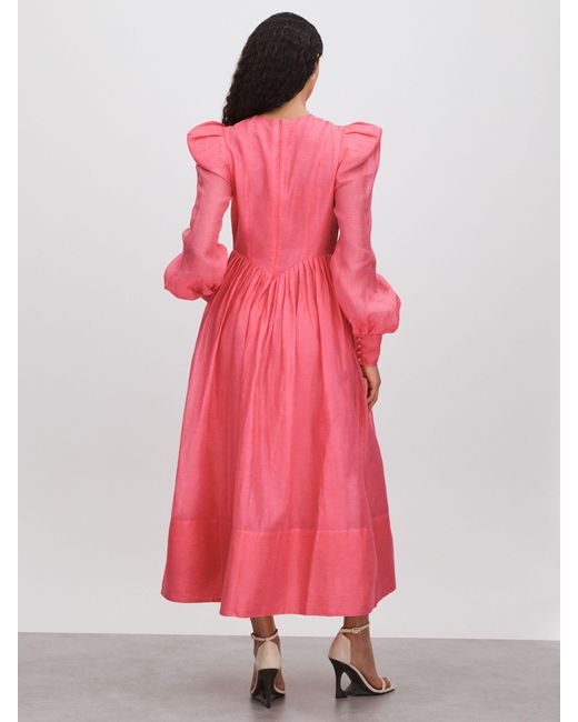 LEO LIN Pink Leo Silk-Linen Bishop Sleeve Midi Dress