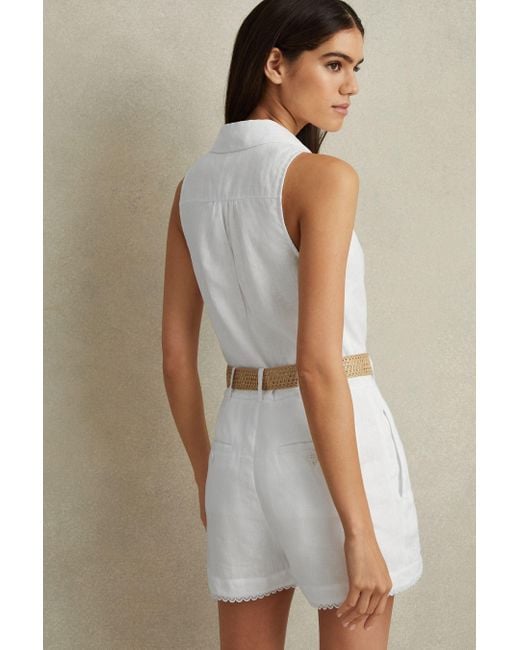 Reiss Natural Mila - Ivory Linen Double Breasted Belted Playsuit