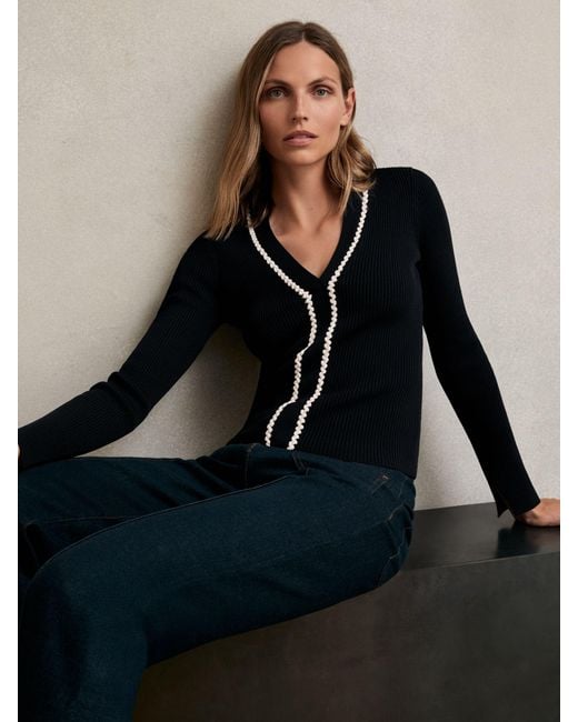 Reiss Blue Craft-Stitch Rib-Knit Top