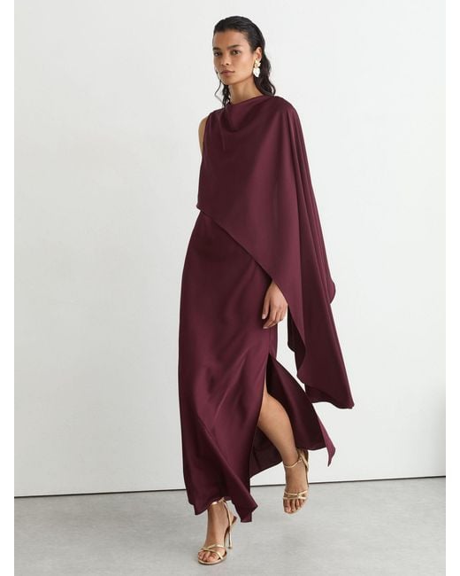 Reiss Red Asymmetric Cape-Detail Maxi Dress