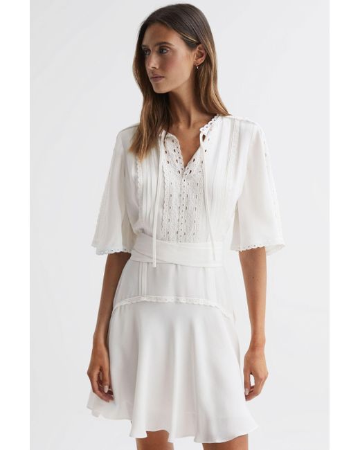 Reiss White Felicity - Ivory High Neck Lace Mini Dress