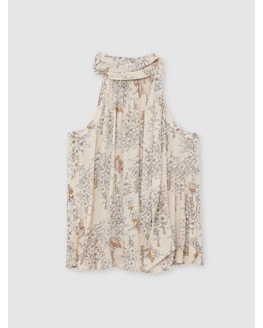 Reiss Natural Floral-Print Scarf-Neck Top