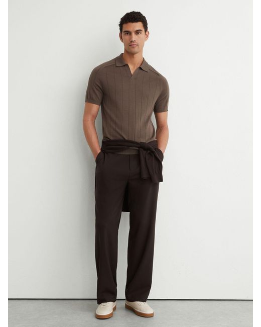 Reiss Brown Merino Wool Wide-Rib Polo Jumper for men