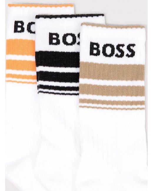 Boss White 3 Pack Ribbed Stripe Socks for men