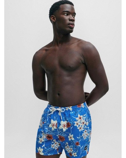 Boss Blue Piranha Tropical Print Swim Shorts for men
