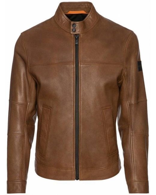 Boss Brown Josep Slim Fit Leather Jacket for men