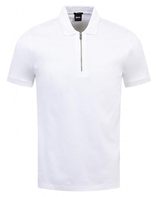 Boss White Polston 11 Zip Polo Shirt for men
