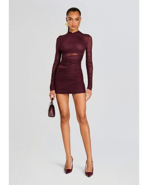 SER.O.YA Red Ruched Mesh Mini Dress